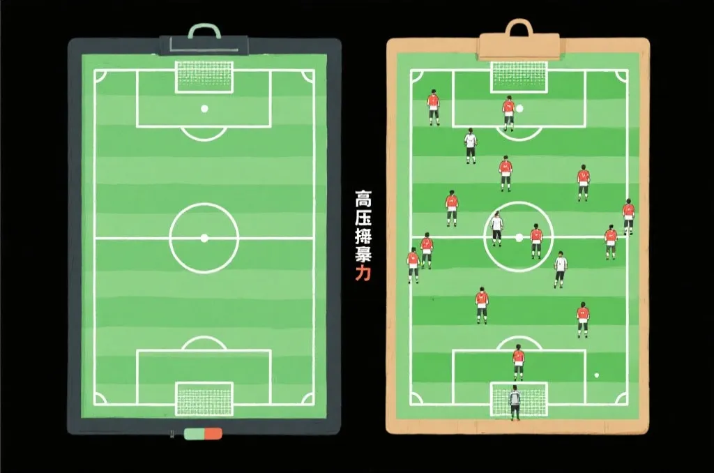 战术板与球场俯视图结合，展示高位压迫与低位防守的对位示意